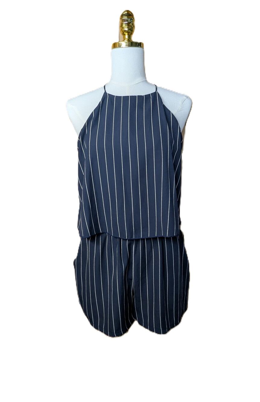 The Impeccable Pig Blue Striped Flutter top Romper Womens Medium